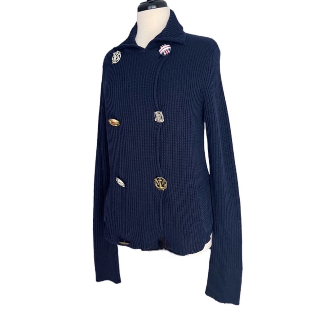 Les Copains Nautical Blue Ribbed Cardigan Jacket ~ RARE & HTF VINTAGE ~ size 12